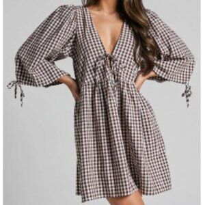 Showpo Mini Dress - Tie Front Puff Sleeve Dress in Brown and White Gingham